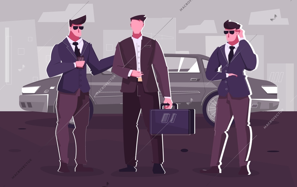 Security service flat composition with businessman getting out of limousine surrounded by two bodyguards vector illustration