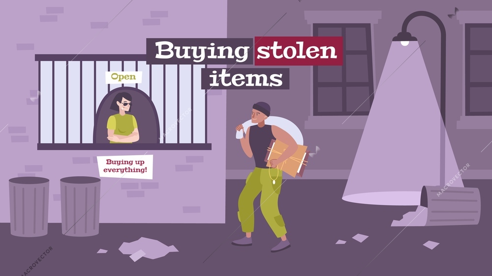 Pawnshop criminal practice flat composition banner with thief bringing stolen items to pawnbroker for sale vector illustration