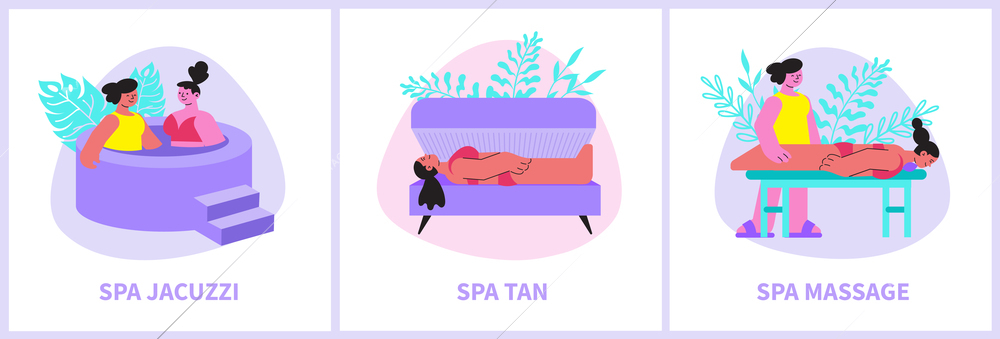 Spa set of three flat compositions with text and view of different procedures with human characters vector illustration