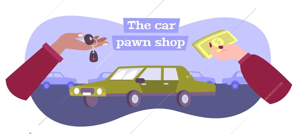 Pawnshop quick cash for car isometric composition with vehicle and holding key and money hands vector illustration