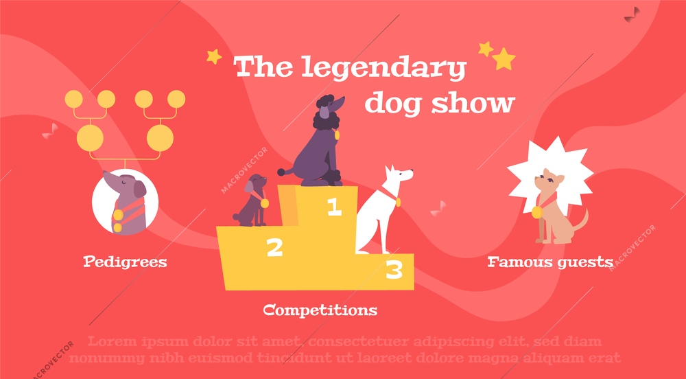 Dog breeds pedigrees annual show competition winners award ceremony 3 flat compositions red background banner vector illustration