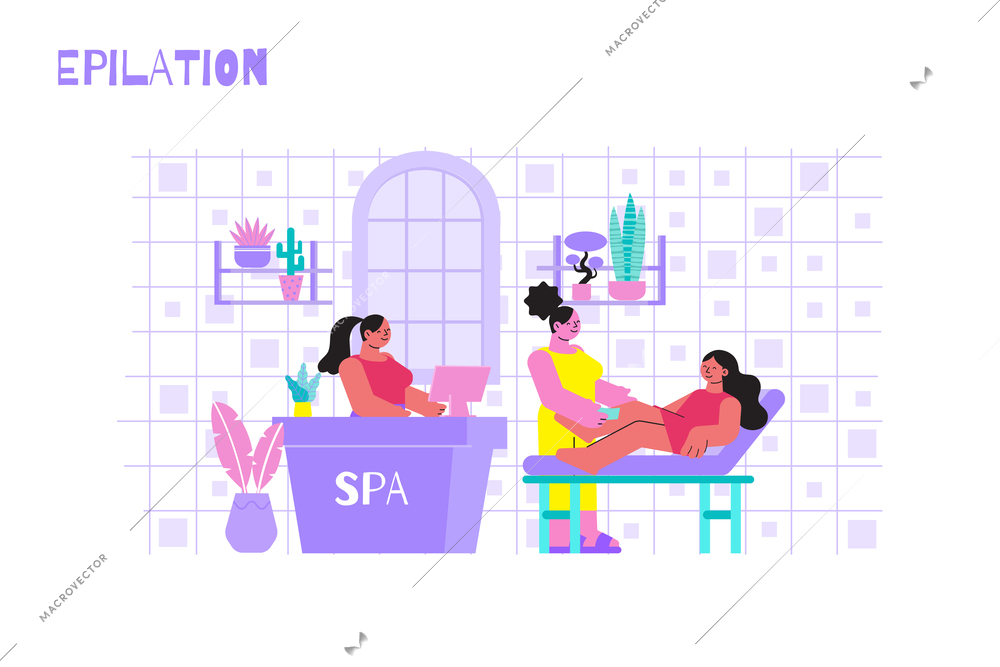 Epilation salon flat composition with indoor view of room with furniture and characters of shaving women vector illustration