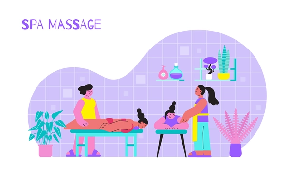 Spa massage flat composition with text and indoor view of female human characters during physical procedures vector illustration