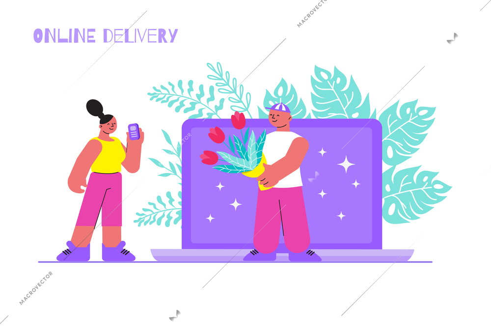 Flower online delivery flat composition with gadgets laptop and doodle human characters of people with flowers vector illustration