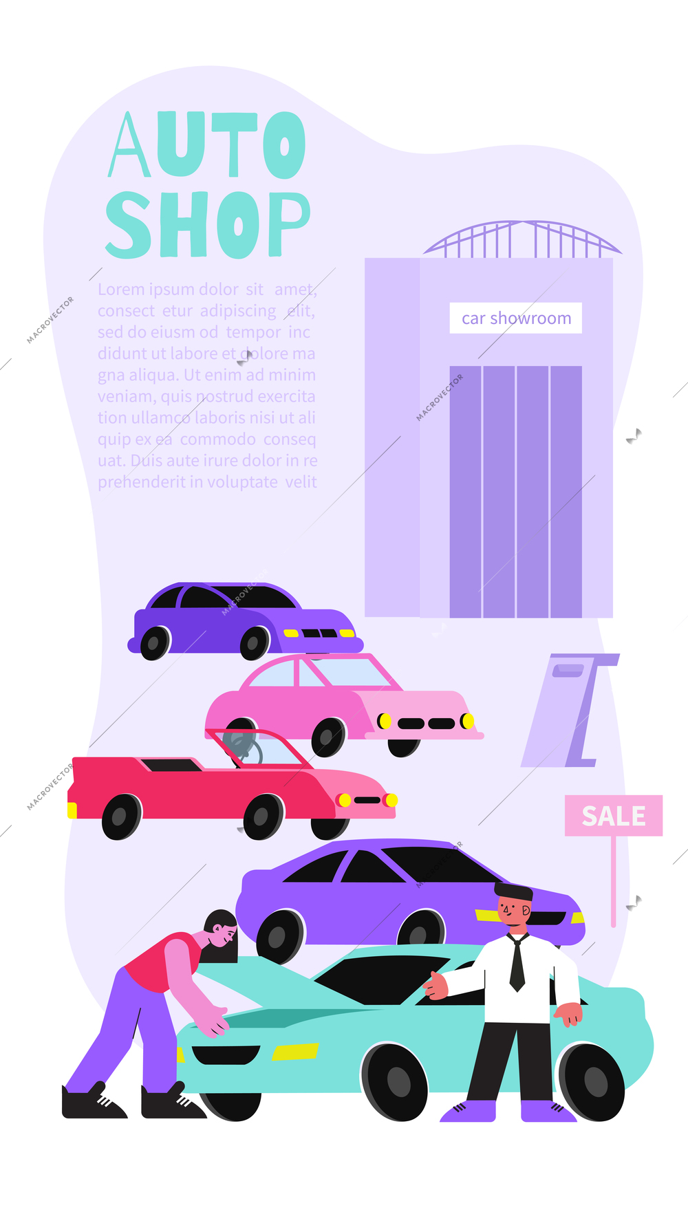 Auto shop vertical banner with editable text human characters and flat images of cars for sale vector illustration