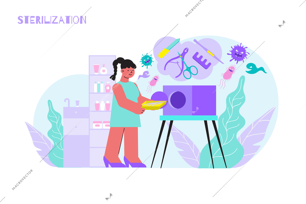 Sterilization tools salon flat composition with doodle character of barber putting dirty instruments into washing machine vector illustration