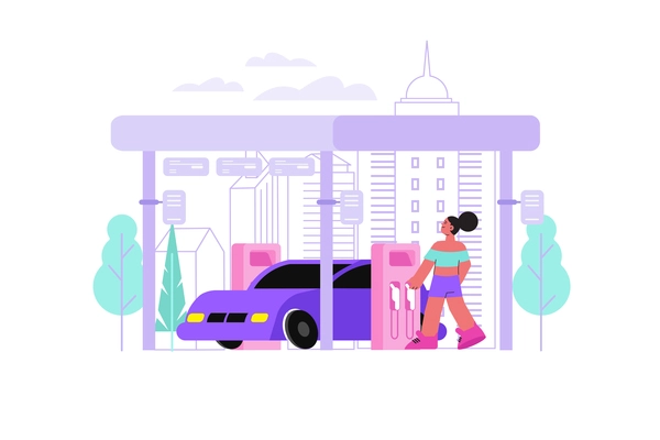 Woman gas station flat composition with urban cityscape and female driver charging her car with petrol vector illustration