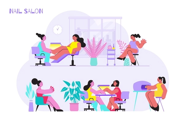 Manicure salon flat composition with text and indoor scenery with furniture and characters of sitting women vector illustration