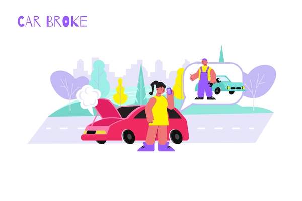 Woman car broke flat composition with view of broken automobile and female character calling the repairman vector illustration