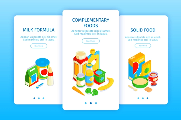 Isometric baby food vertical banners collection with images of ripe and packed meal text and buttons vector illustration