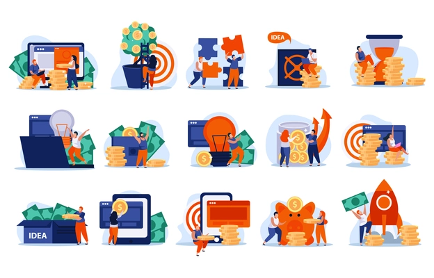 Colorful icons set with people electronic devices money isolated on white background flat vector illustration