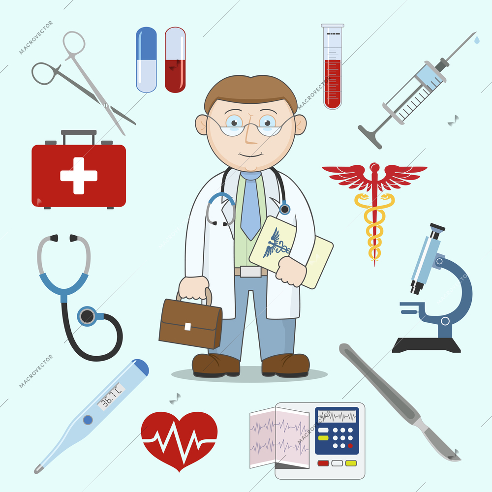 Doctor character with first aid kit healthcare medicine icons vector illustration