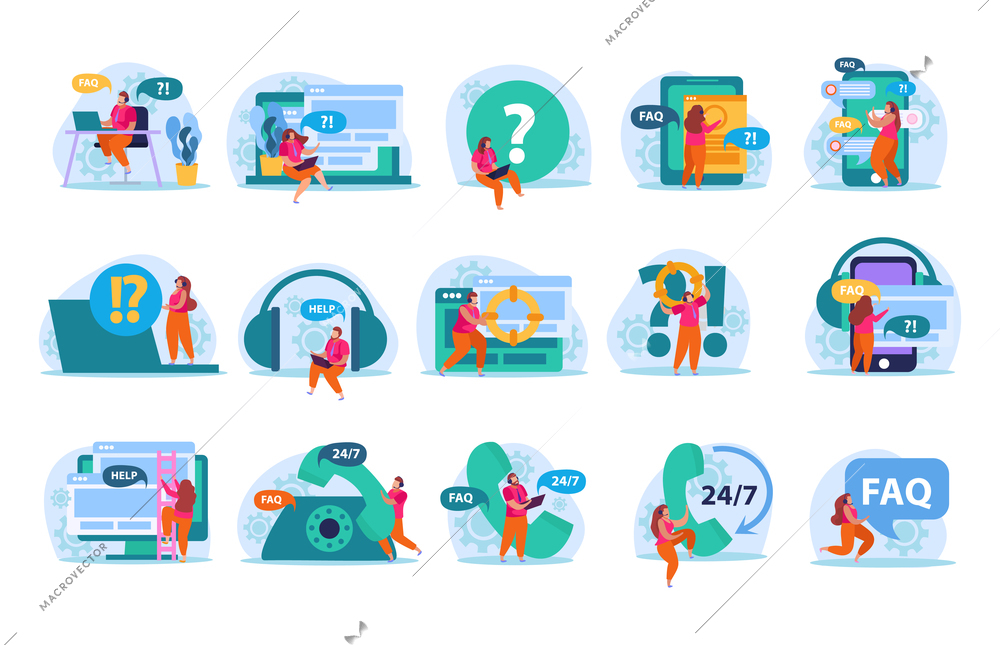 Online support service operators chatting with customers flat icons set isolated vector illustration