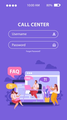 People from online support service at work and login form on blue background flat vector illustration