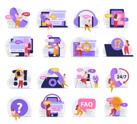 People working at online support service flat icons set isolated vector illustration