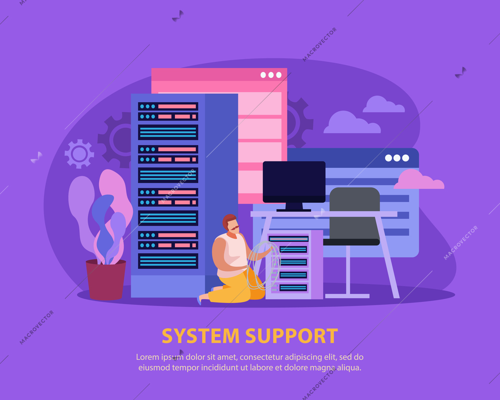 Flat background with man system administrator doing technical work at server room vector illustration