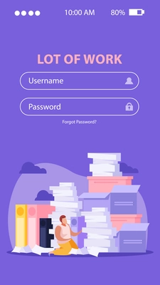 Flat background with tired man with lots of paper work and login form vector illustration