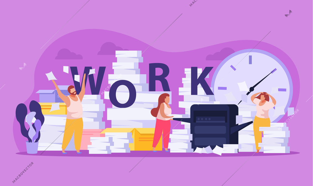 People tired from long paper work and piles of documents flat composition on purple background vector illustration