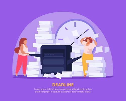 Two tired women working with papers before dead line flat background vector illustration