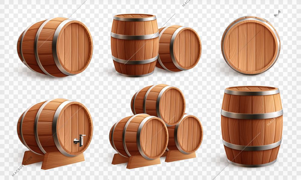 Wooden barrels realistic set of isolated images with different views of oak casks on transparent background vector illustration