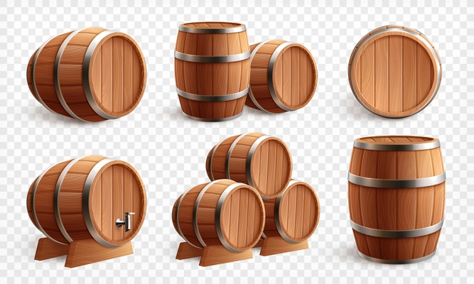 Wooden barrels realistic set of isolated images with different views of oak casks on transparent background vector illustration