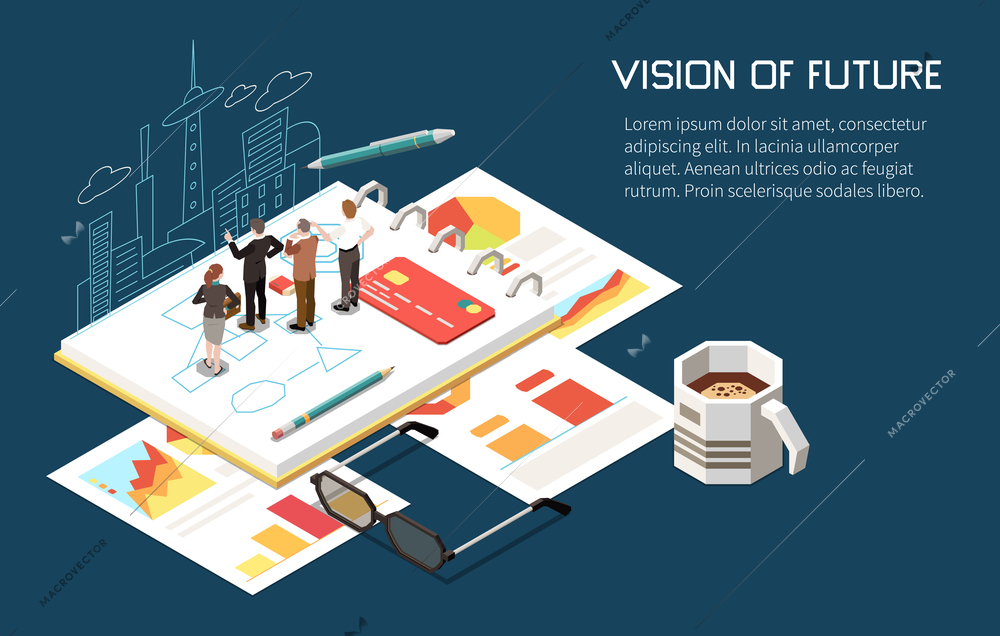 Leadership concept isometric background with editable text and human characters building plans for business with cityscape vector illustration