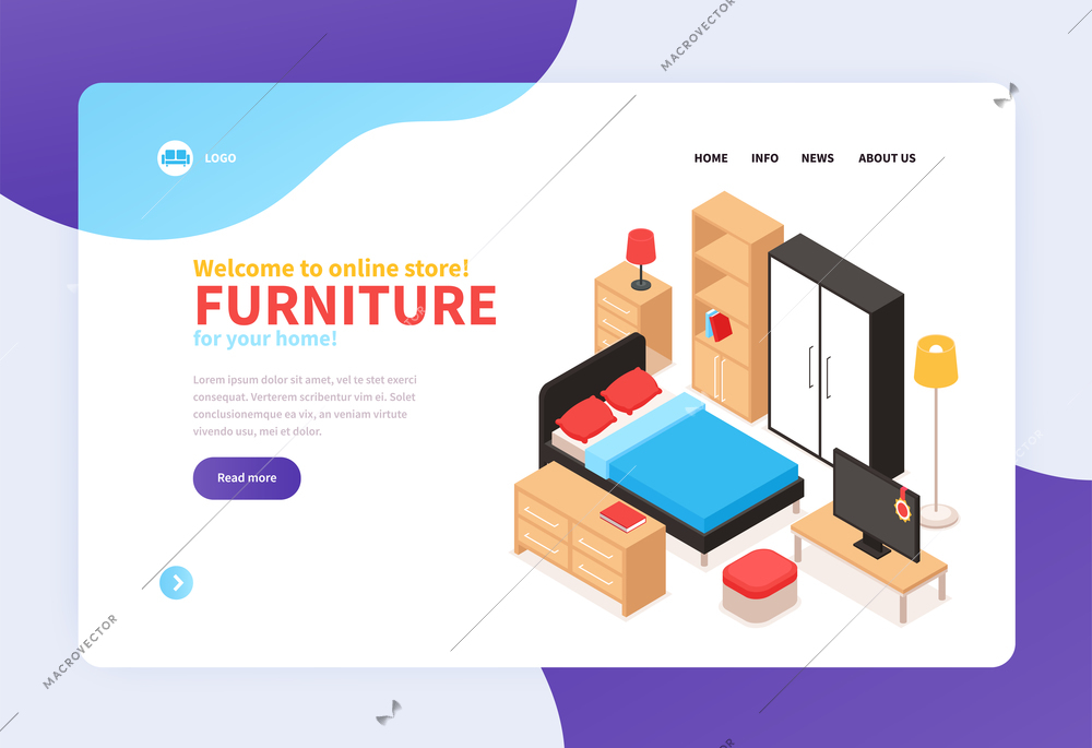 Furniture online store landing page with contact information and home furnishings isometric vector illustration