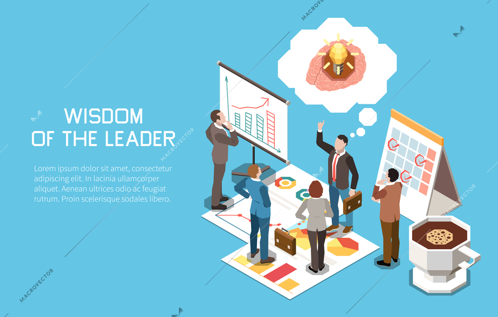 Leadership concept isometric background with group of workers thought bubbles calendar planning boards and editable text vector illustration