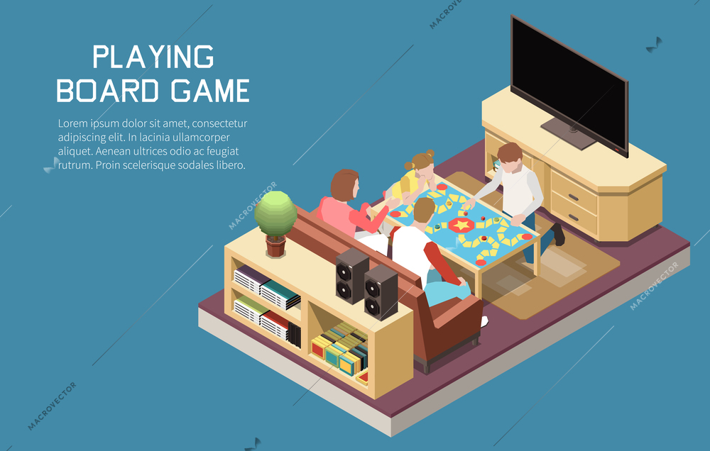 People playing board games isometric background with set of indoor images team game with editable text vector illustration