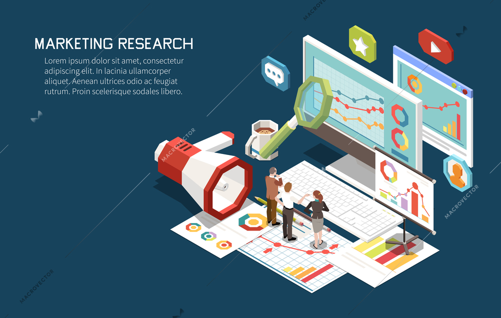 Marketing strategy concept isometric background with set of computer screens graphs pictograms with people and text vector illustration