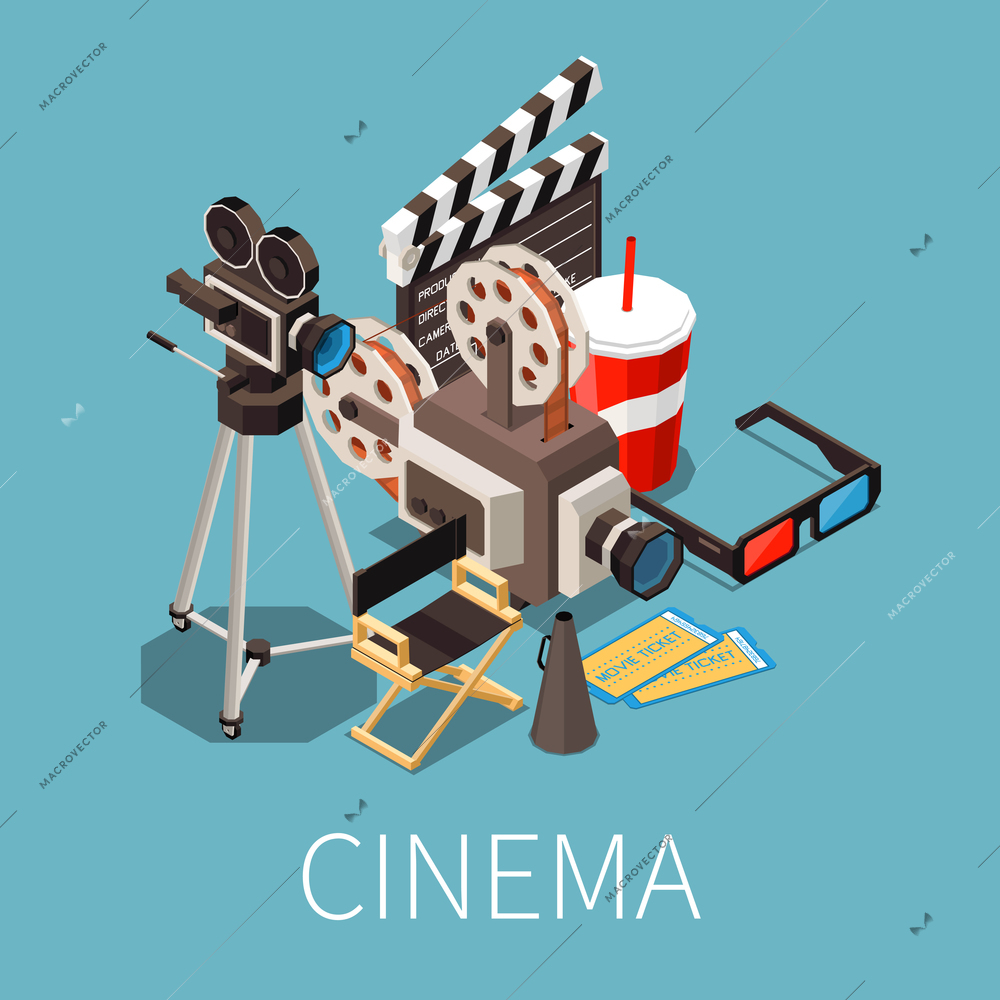 Cinema isometric composition with text and images of cinematographic elements with directors seat tickets and camera vector illustration