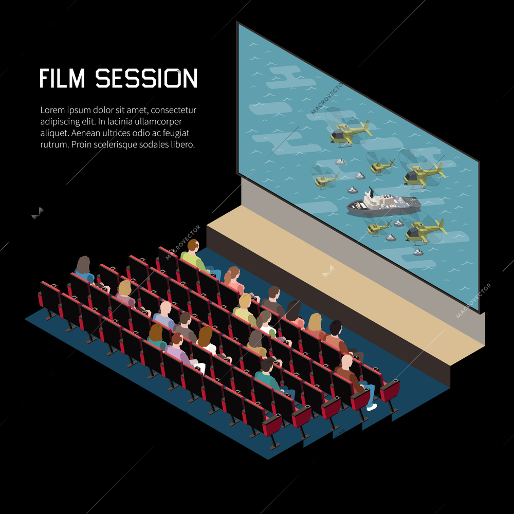 Cinema isometric composition with indoor view of auditorium watching movie with seats screen and editable text vector illustration