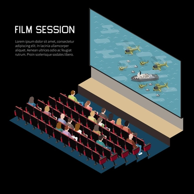 Cinema isometric composition with indoor view of auditorium watching movie with seats screen and editable text vector illustration