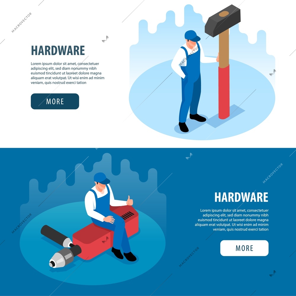 Hardware horizontal banners with handy tools for carpentry metalwork repair and renovation isometric vector illustration