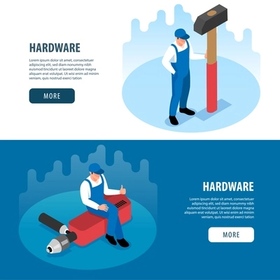 Hardware horizontal banners with handy tools for carpentry metalwork repair and renovation isometric vector illustration