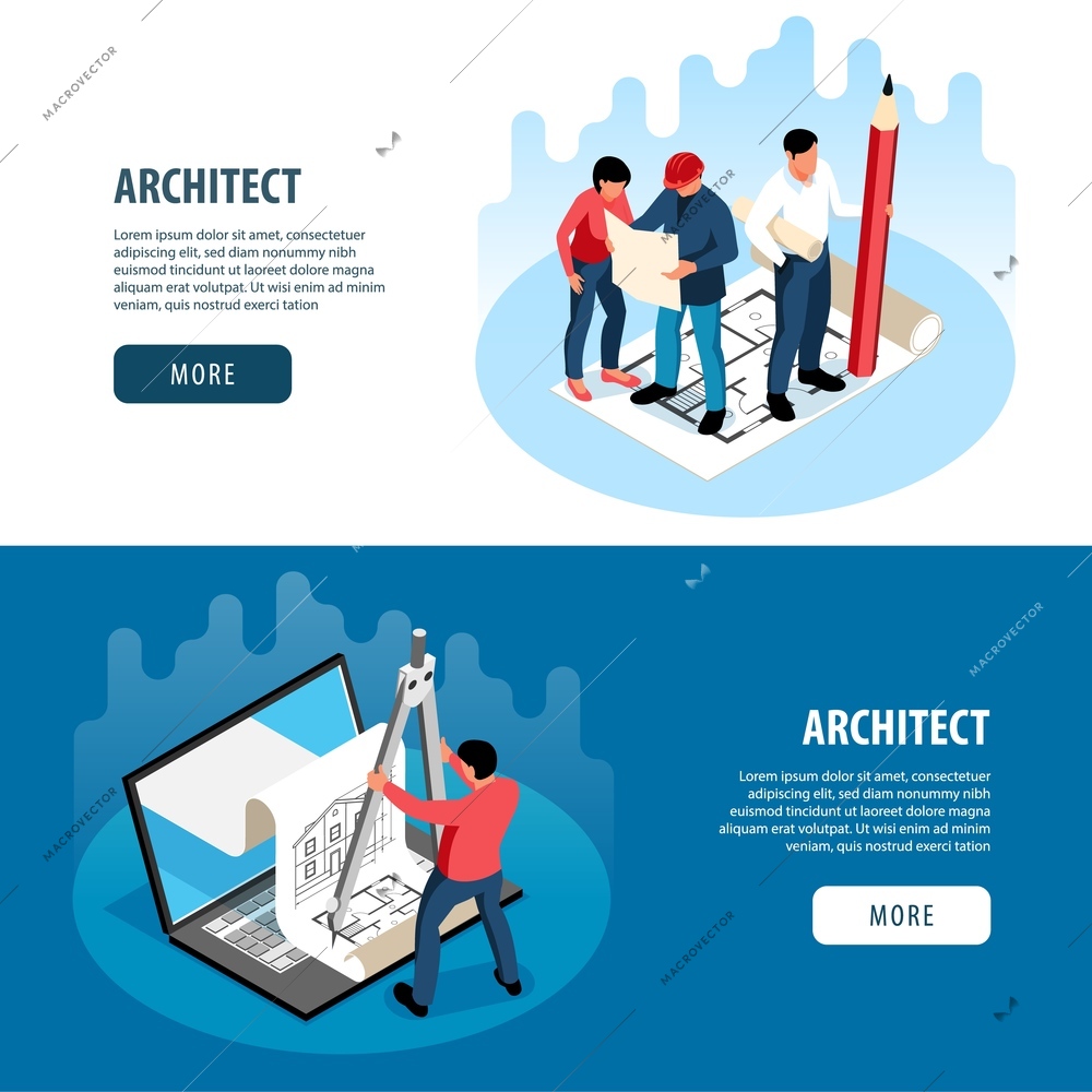 Architects and construction engineers working on architecture project horizontal banners isometric vector illustration