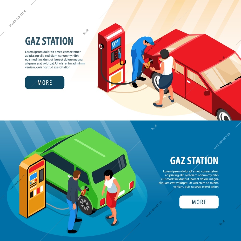 Gas station horizontal banners  with refuelling stands and workers filling up fuel into car isometric vector illustration