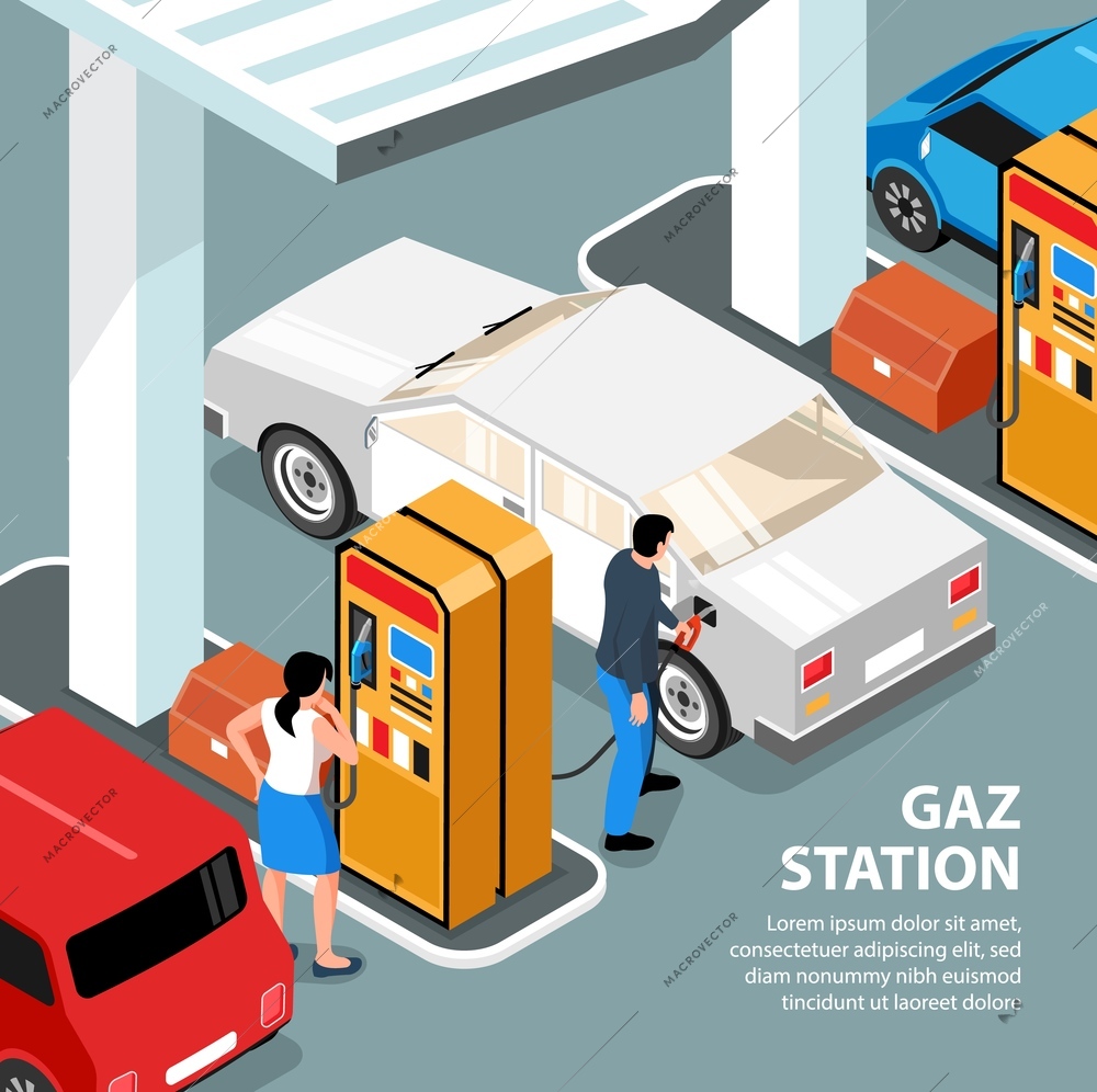 Confidence gas station isometric poster customers looking at gasoline pump and filling up fuel into car vector illustration