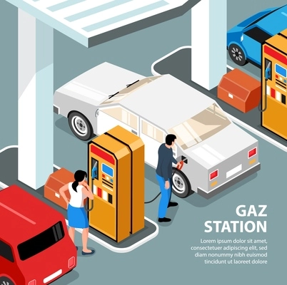 Confidence gas station isometric poster customers looking at gasoline pump and filling up fuel into car vector illustration