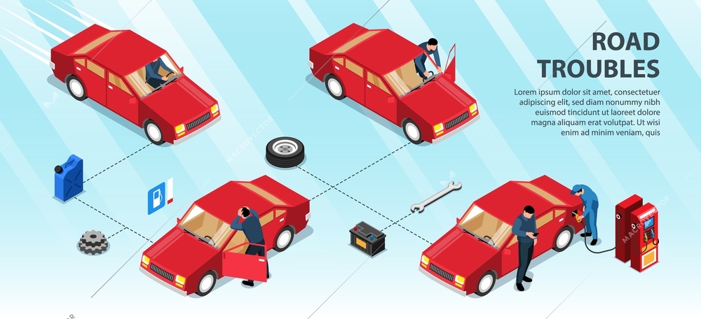 Road troubles infographics layout with man pushing his car on track to gas station isometric vector illustration