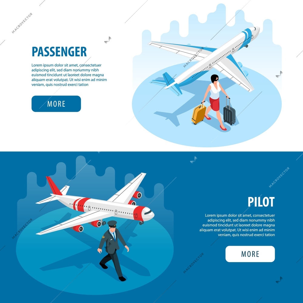 Airport horizontal banners with pilot passenger suitcase airplane isometric icons vector illustration