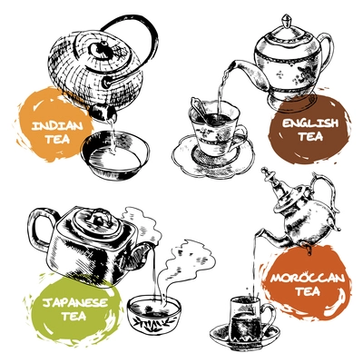 Decorative tea ceremony  ceramic china teapot and glass cup icons composition set doodle sketch isolated vector illustration