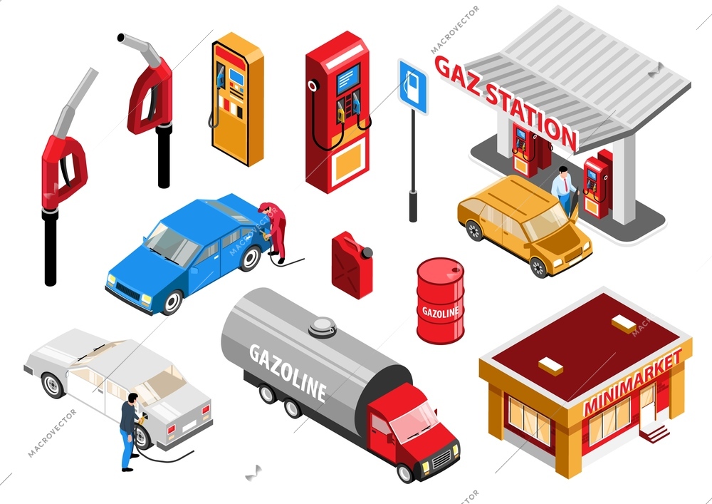 Gas station isometric set of fueling pump filling gun shop building transport isolated vector illustration