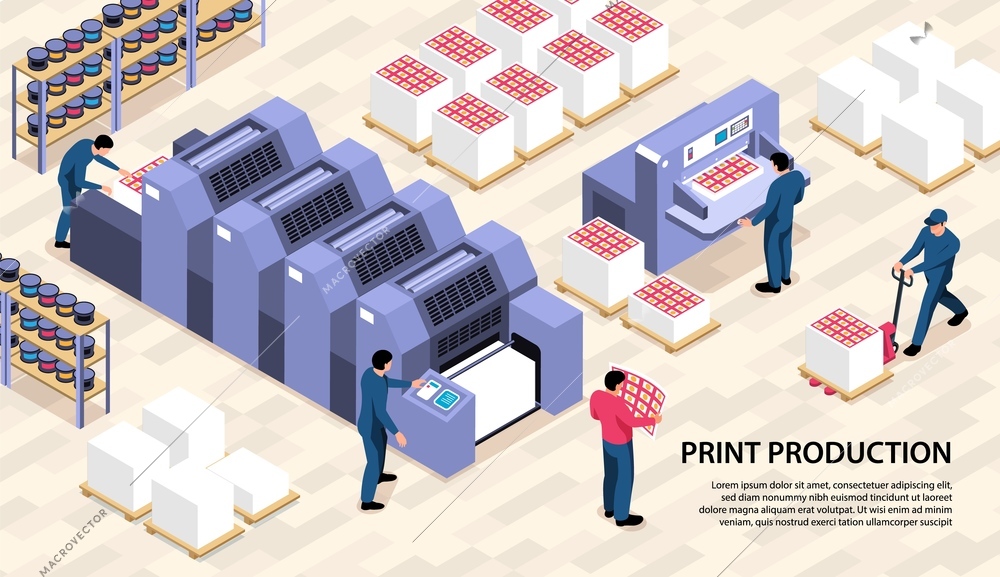 Print production isometric horizontal illustration with polygraph equipment printer consumables and worker characters