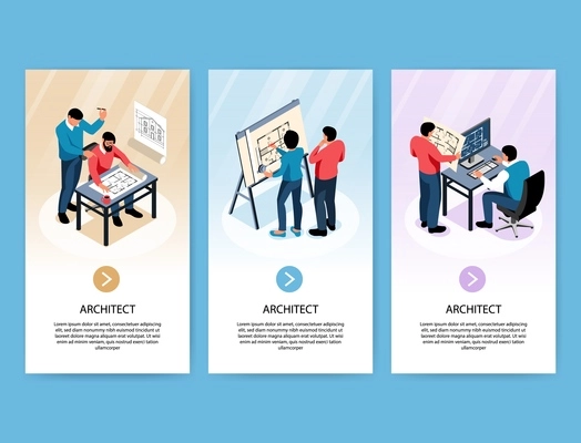 Architect vertical banners with designers  developing construction  projects at their workplace isometric vector illustration