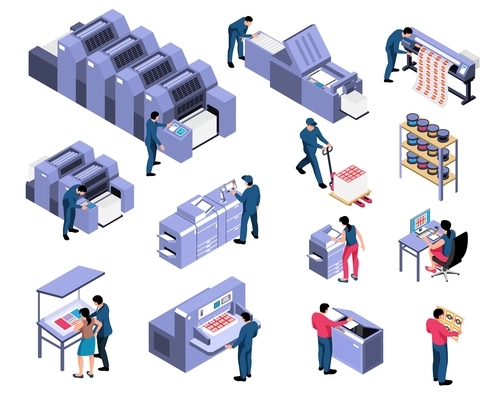 Polygraphy isometric set of professional equipment for various types of printing with workers servicing machines vector illustration