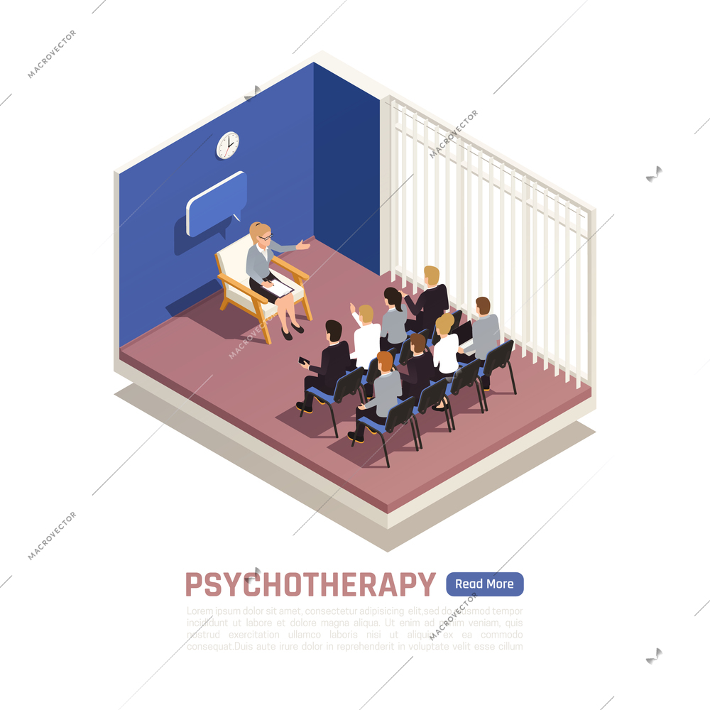 Group psychotherapy counseling session conducted by professional licensed psychologist isometric interior image web page design vector illustration