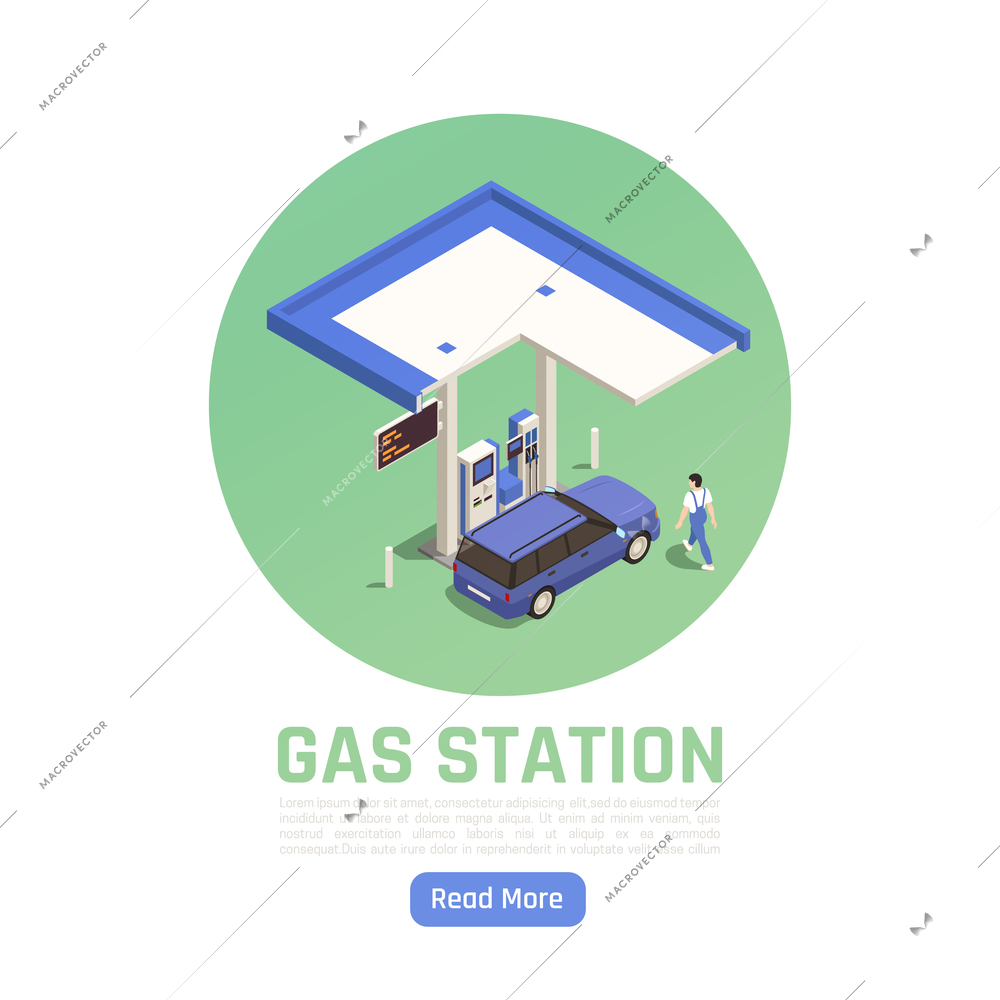 Gas station isometric circular web page composition with personal car at gasoline fuel pump vector illustration