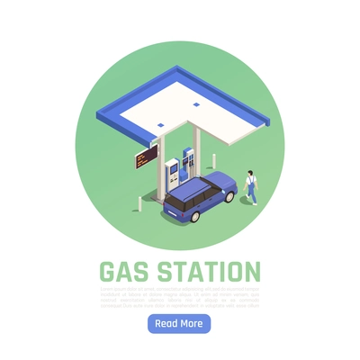 Gas station isometric circular web page composition with personal car at gasoline fuel pump vector illustration
