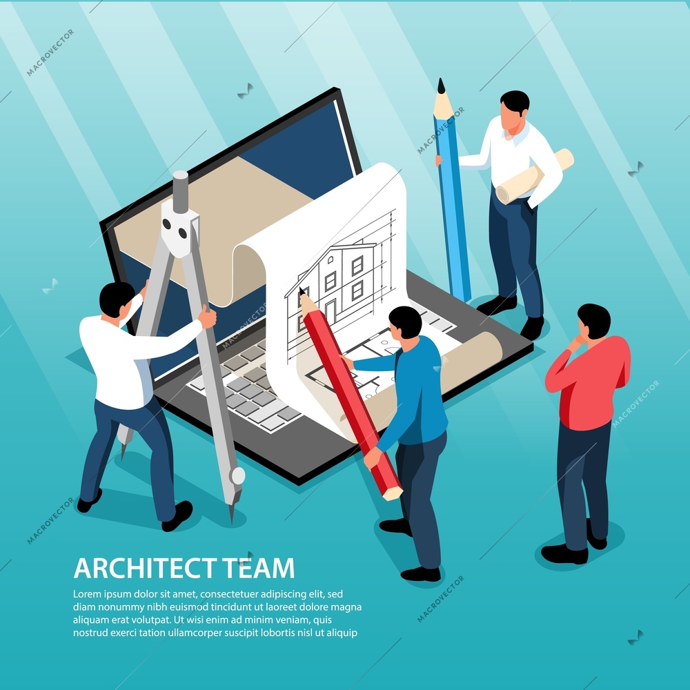 Architect team isometric vector illustration with big tools for drafting notebook and little human characters